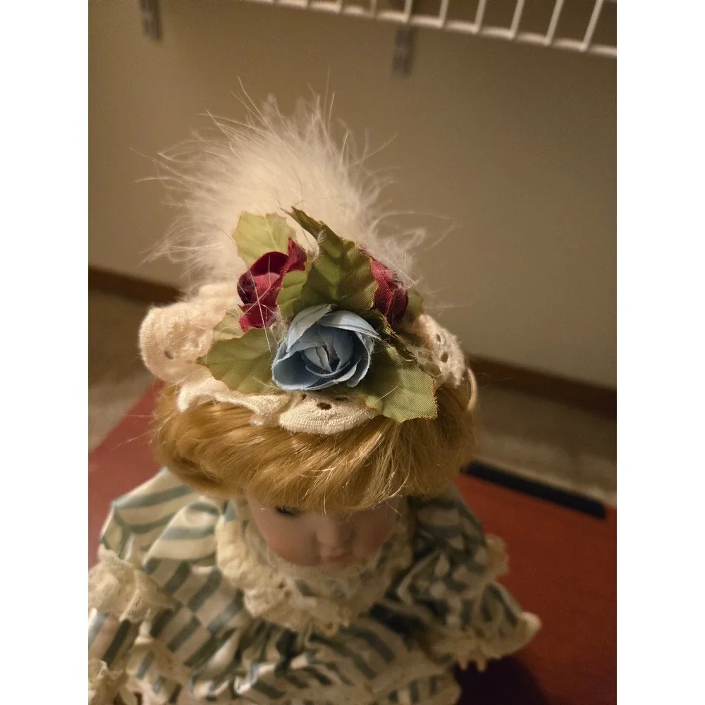 Dynasty‎ Doll Collection Porcelain Doll Blue Striped Victorian Dress Parasol